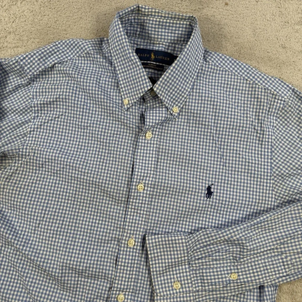 Polo Ralph Lauren Shirt Mens Medium Blue Gingham Slim Fit Cotton Stretch Pony